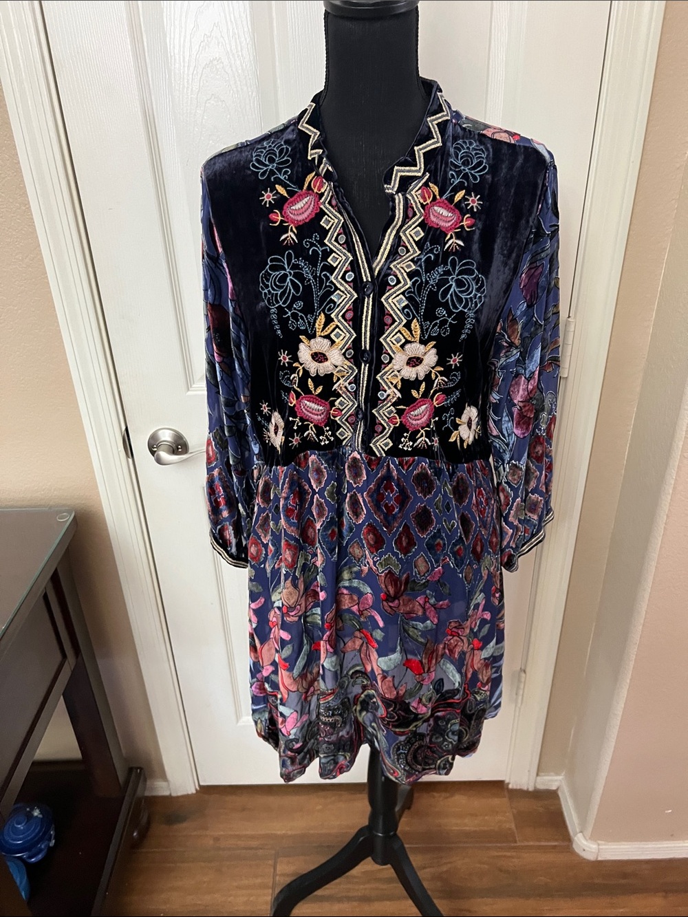Johnny Was Navy Velvet Embroidered Floral Mini Dress